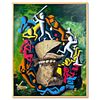 Mark Kostabi & Tadanori Yokoo, "Fish Phantom Frolic" Framed Original Painting on Canvas, Hand Signed with Letter of Authenticity.