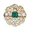ANTIQUE EMERALD & WHITE ENAMELED YELLOW GOLD PENDANT BROOCH