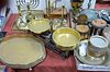 Group of brass and wood items to include a pair of push up candlesticks, brass scale, shaving mirror, trays, etc.