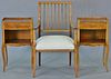 Three piece lot including a banded and line inlaid armchair and a pair of one drawer stands with inlaid flowers. stands: ht. 