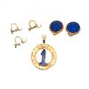 14K Yellow Gold Lapis, and Pearl Earring and Pendant lot