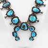 Old Sterling Silver Turquoise Squash Blossom Necklace 