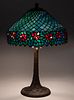 HANDEL LATTICE AND FLOWERS LEADED ART GLASS ELECTRIC TABLE LAMP