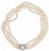 Ladies 3.49ct TW Diamond, Palladium & Cultured Akoya Pearl (6.5mm-7.5mm) Triple-strand Necklace, L 14" 78g