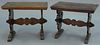 Pair of walnut Continental side tables on carved tressel leg base. ht. 20in., top: 16" x 25".