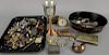 Two tray lots with miscellaneous jewelry, silver, silverplate, boxes, enameled stem cup, etc.