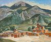 Pleasant Ray McIntosh (American, B. 1897) Oil on Masonite 1951, "Indian Pueblo, New Mexico", H 20" W 24"
