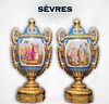 A Pair Of 19th C. Sevres Orientalist Hand Painted Porcelain Bronze Vases/Urns
