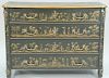 Baker black and tan chinoiserie paint decorated four drawer chest. ht. 36in., wd. 48in., dp. 18in.