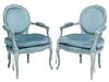 (2) FRENCH LOUIS XV STYLE TEAL-PAINTED & UPHOLSTERED FAUTEUILS