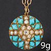 ANTIQUE DIAMOND TURQUOISE AND PEARL GOLD PENDANT NECKLACE