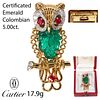 CARTIER, IMPORTANT CERTIFICATED COLOMBIAN EMERALD & DIAMOND OWL BROOCH