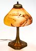 AMERICAN REVERSE-PAINTED ART GLASS ELECTRIC DESK LAMP