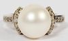 11 MM. PEARL DIAMOND & 14 KT WHITE GOLD RING SIZE 8