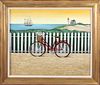 Lowell Herrero Oil on Canvas "Bicycle at the Beach", circa 1988