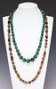 (2) ESTATE 14KT & TIGERS EYE & HAND-KNOTTED MALACHITE NECKLACES