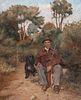A HUNTER & HIS SPANIEL OIL PAINTING