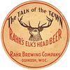 1915 Rahr's Elk's Head Beer 4¼ inch coaster WI-RARO-3 Oshkosh Wisconsin