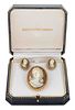 VINTAGE 14K YELLOW GOLD, PEARL, AND CARVED SHELL CAMEO THREE-PIECE JEWELRY SUITE