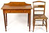 AMERICAN TIGER MAPLE TABLE / DESK AND CHAIR, LOT OF TWO