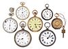 A lot of seven American and European pocket watches one in 18 karat gold