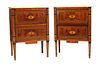 Pair of Neoclassical Marble Top Marquetry Inlaid Fruitwood Commode