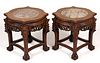 PAIR OF CHINESE CARVED TEAK MARBLE-TOPPED LOW STANDS