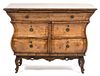 A Continental Inlaid Burl Walnut Bombe Commode Height 29 1/2 x width 39 1/2 x depth 22 1/4 inches.