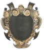 An Italian Painted Metal Cartouche-Form Wall Mirror Height 44 x width 32 inches.