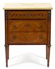 A Louis XVI Parquetry Style Marble Top Side Cabinet Height 30 x width 23 x depth 13 1/2 inches.