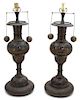 A Pair of Syrian Pierced and Embossed Metal Table Lamps Height 29 x diameter 10 inches.