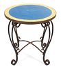 A Mosaic Tile and Ironwork Table Height 30 x diameter 29 1/2 inches.