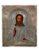 A Framed Silver Metal Icon of Christ Pantocrator.