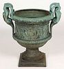 FRENCH VAL D'OSNE FOUNDRY CAST-BRONZE MONUMENTAL NEOCLASSICAL GARDEN URN WITH FIGURAL HANDLES