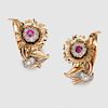 14K Tricolor Gold, Ruby, and Diamond Earclips