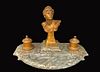 19th C. French Figural Bronze & Marble Inkwell, Signed