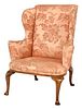 A Queen Anne Walnut Damask Upholstered Easy Chair