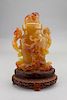 Twin Handled Chinese Carved Amber Vase on Stand