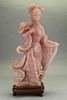Chinese Rose Quartz Carved Guanyin on Stand