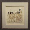 Signed, 1929 Nude Bathers Colored Pencil Drawing