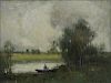 WIGGINS, Guy C. Oil on Canvas. Fisherman on a Lake