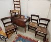 C1820 Sheraton Cherry Drop Leaf Pembroke Table 29"H X 3'W X 21 1/2"D + Ladder Back Rush Seat Chair + 3 Tiger Maple Side Chairs
