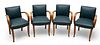 French Style Maple & Blue Leather Bridge Chairs, Ca. 1930, H 31" W 22" Depth 19" 4 pcs
