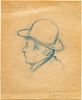 European Pastel Sketch on Paper, Ca. Late 19th C., "Man in a Bowler Hat", H 4.75" W 3.5"