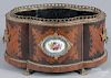 Mahogany veneer planter, late 19th c., with brass and porcelain mounts, 8'' h., 15'' w., 11 1/2'' d.
