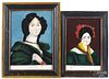 Pair reverse painted portraits on glass of Caroline and Martha, 19th c., 8" x 5 1/2" and 9" x 6 1/2".