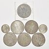 Six silver dollars, to include an 1878 S Morgan silver dollar, five Peace dollars, and two silver qu