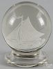 Footed frit paperweight, attributed to Michael Kane , with a sloop, 3 1/4'' dia.