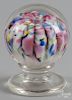 Millville, New Jersey mushroom pedestal paperweight, with white mushroom spattered with multiple col