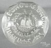 Faceted white frit paperweight, with a sailing ship, inscribed G. S. Bacon Millville N.J., 3 1/8''